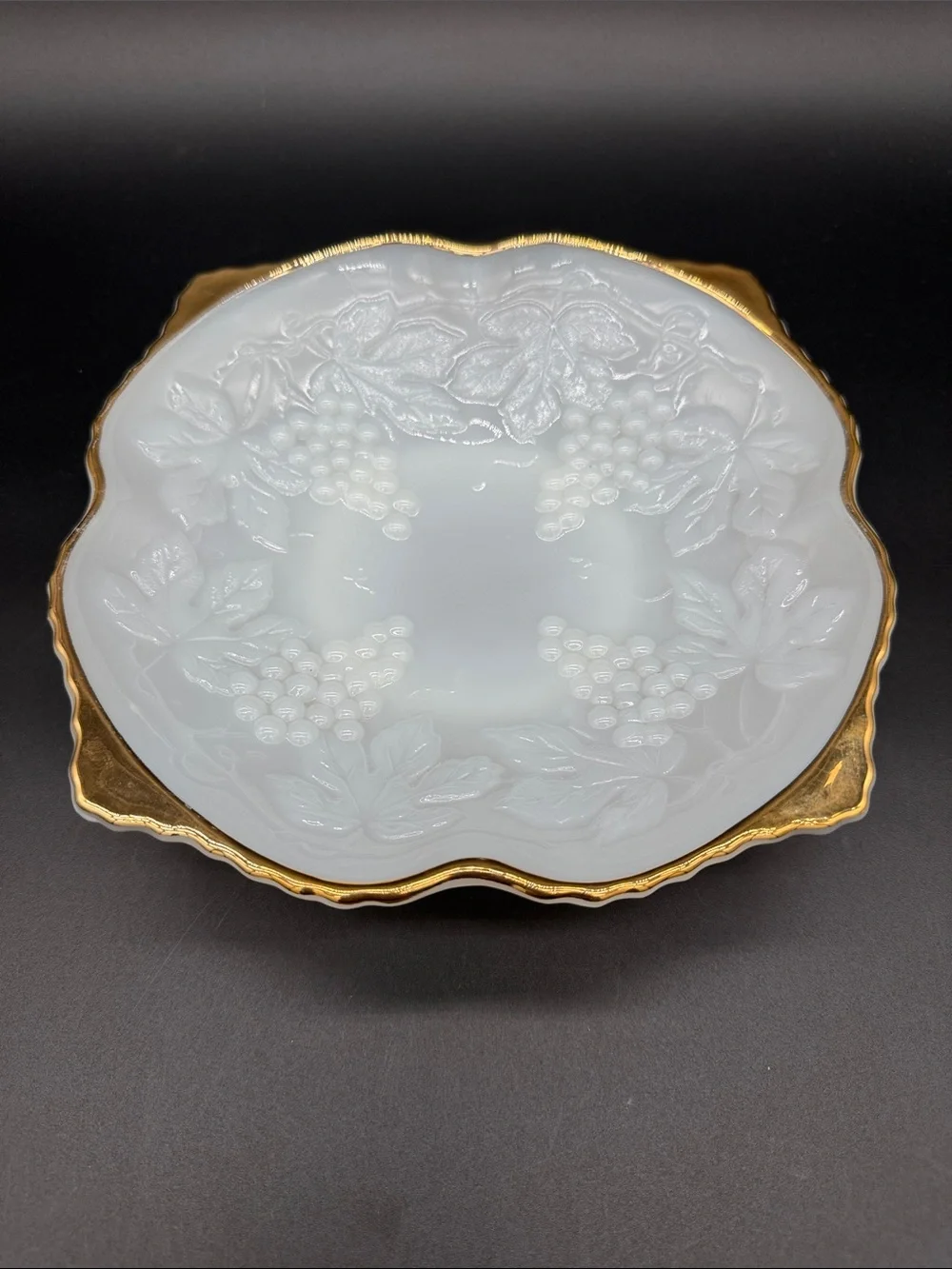 Vintage Anchor Hocking White Milk Glass Dish Bowl Embossed Grapes with Gold Trim